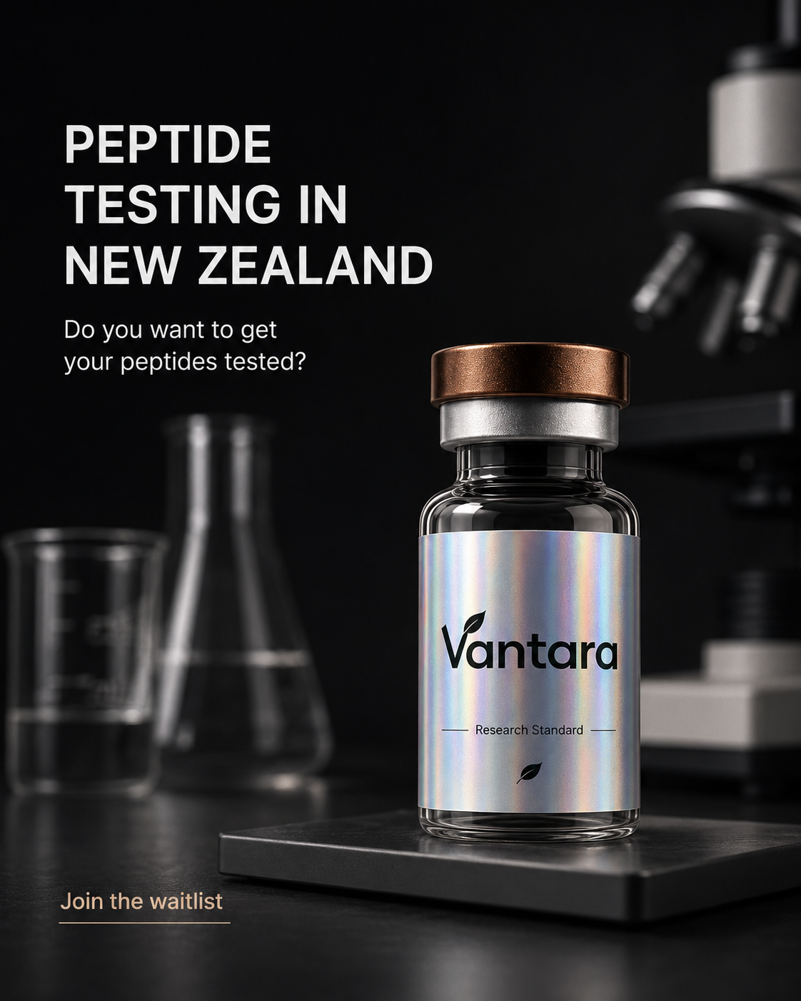 Vantara peptide vial on a lab bench with microscope and beakers, representing peptide testing in New Zealand